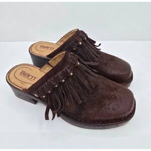 Born Women's Brown Harmony Slip On Suede Leather Clogs Tasseled  Fringe Size 7